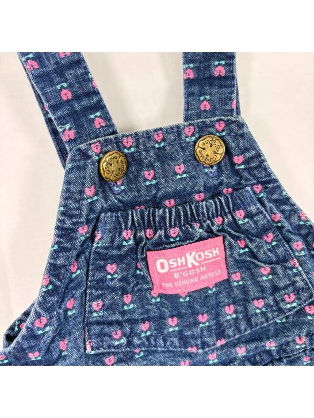 Vintage Oshkosh Baby Girl Tulip Floral Denim Bubble Overalls Romper 6m - 9m